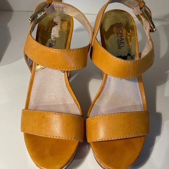 MICHAEL Michael Kors | Goldenrod Leather and Cork Platform Sandals - Picture 7 of 13